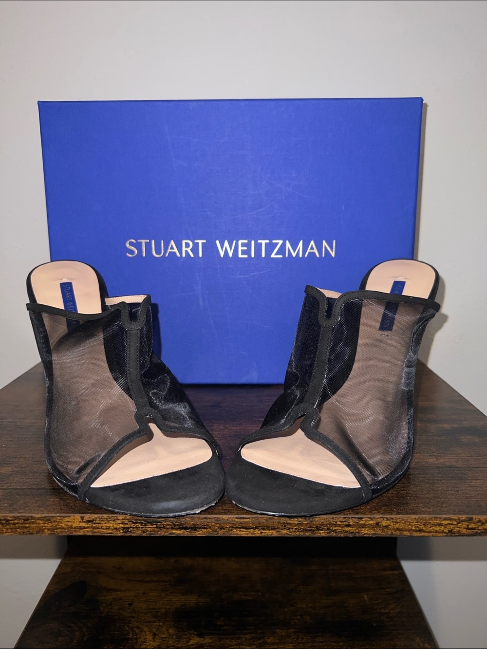 Stuart Weitzman Black Mesh Open-Toe Mules with Suede Trim